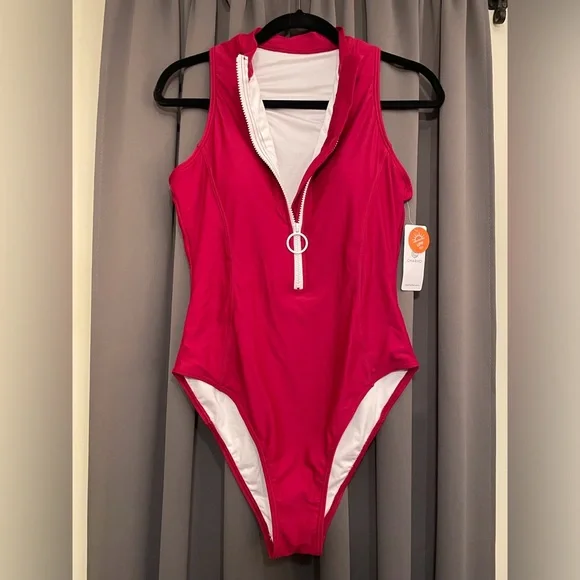 One Piece Zip Front Racerback Swimsuit Red Size L - Picture 2 of 8